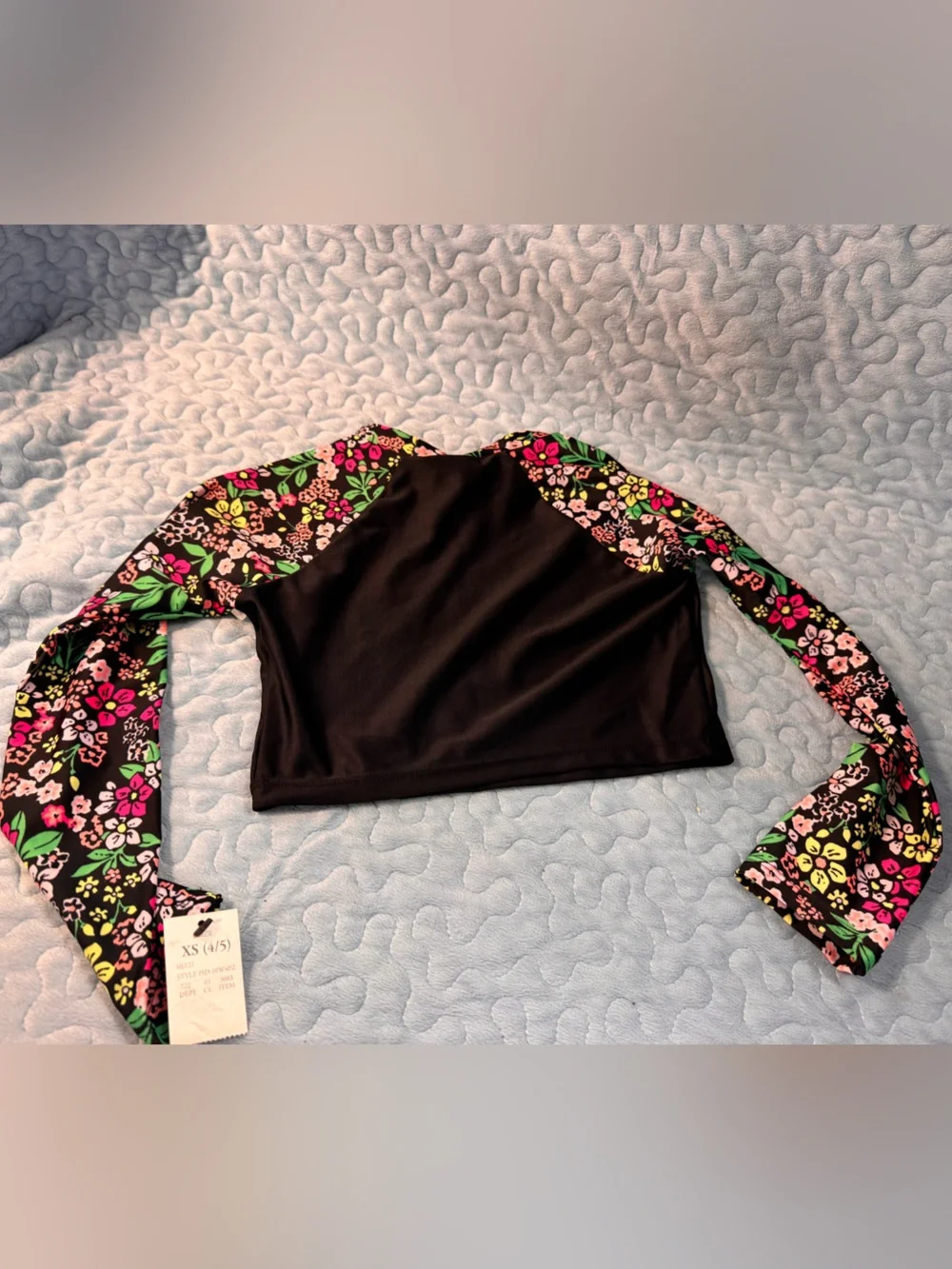 art class Black Crop Rash Guard with Pink & Green Floral Sleeves